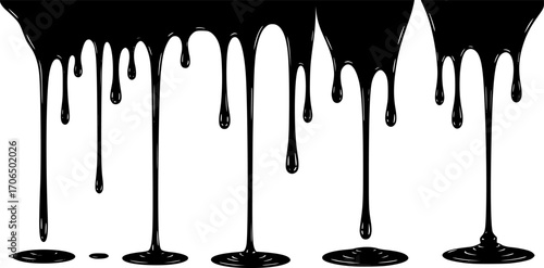 Black melt drips or liquid paint drops. Dripping liquid. Paint flows. Current paint, stains. Current drops. Current inks. Vector illustration. isolated on white background