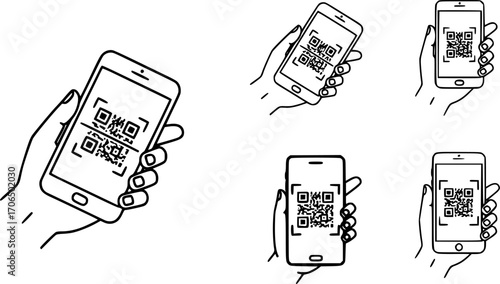 QR code scanning icon in smartphone. hand holding Mobile phone in line style, barcode scanner for pay, web, mobile app, promo. Vector illustration.