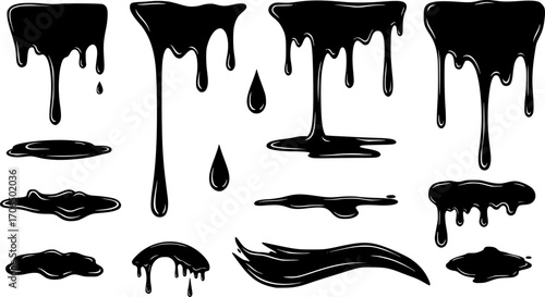 Black melt drips or liquid paint drops. Dripping liquid. Paint flows. Current paint, stains. Current drops. Current inks. Vector illustration. isolated on white background