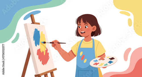 Young Artist Painting With Enthusiasm on Canvas Using Various Colors