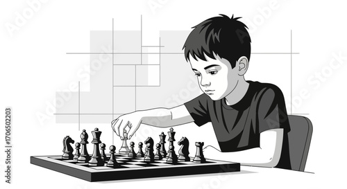 Young Boy Contmplative Decision on Chess Board, Strategic Thinking And Intellectual Pursuit