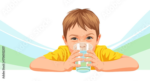 Young Boy Drinks Clear Water From Glass, Healthy Lifestyle, Hydration and Wellbeing