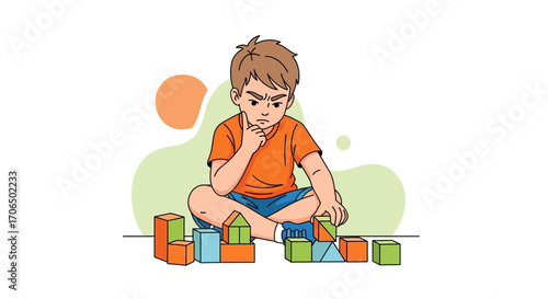 Young Boy Contemplating Building Blocks, Puzzle Solving, And Problem-Solving Skills
