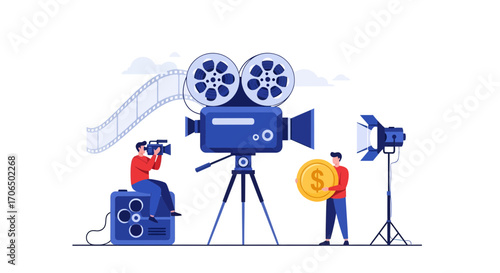 Film production set with vintage camera director and lighting equipment.