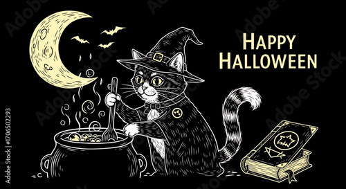 Witch Cat Brewing Potion Under Crescent Moon for Halloween.