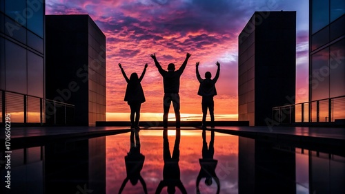 Fototapeta Naklejka Na Ścianę i Meble -  Silhouettes of three people celebrating success with raised arms at sunset between modern buildings reflecting teamwork, unity, motivation and achievement