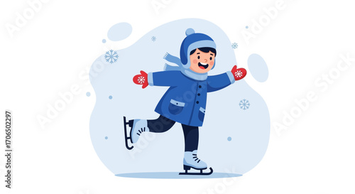 Young Boy Enjoying Ice Skating During a Cold Winter Season with Happy Expression