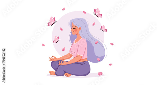 Woman Meditating with Butterflies and Petals.