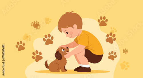 Young Boy Fondly Petting His Adorable Puppy, Illustrating Bond And Companionship