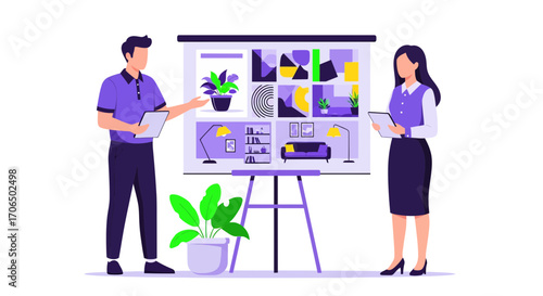Business professionals presenting mood board with design elements.