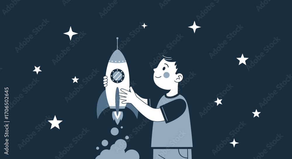 Fototapeta premium Young Boy Ready To Launch a Rocket Ship into Dreamy Night Sky Full of Stars