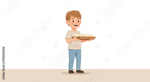 Young Boy Presenting Tray Of Fresh Eggs With Joy Against Soft White Background
