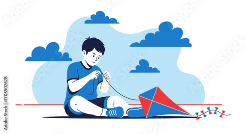 Young Boy Preparing To Fly Colorful Kite On Cloudy Day For Outdoor Recreation