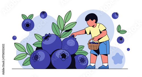Young Boy Picking Blueberry Harvest Presenting Nature's Delicacy in Graphic Illustration