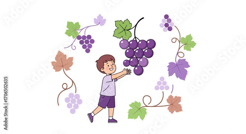 Young Boy Reaching For Lush Grapes In A Picturesque And Vivid Vineyard Scene
