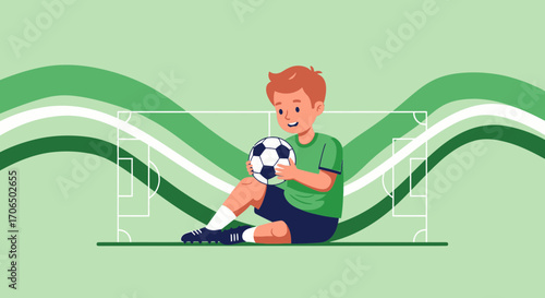Young Boy Relaxing and Holding Soccer Ball Before His Next Game at The Stadium