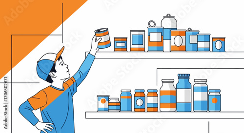 Young Boy Selecting Canned Goods in a Stocked Pantry, Fresh Food Supplies