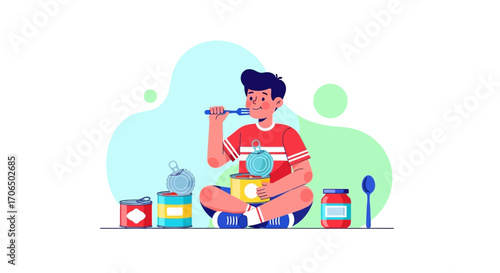 Young Boy Tasting Canned Food with a Fork and Enjoying a Meal, Vector Illustration