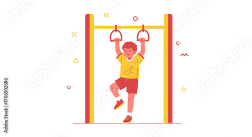Young Boy Swinging From Monkey Bars, Active Childhood Play, Bright, Colorful Vector Illustration