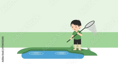 Young Boy With A Net Searching For Something Near The Water Pond Outside