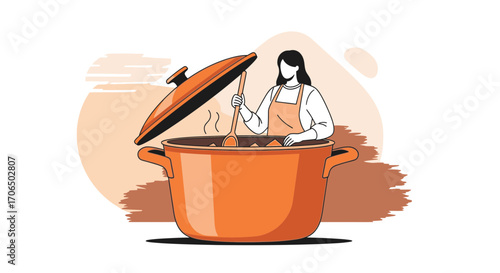 Woman Preparing Delicious Food In Pot, A Culinary Illustration With A Modern Artistic Design