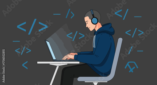 Young Coder Working On Laptop, Surrounded By Code Symbols, Illustration Depicting Program