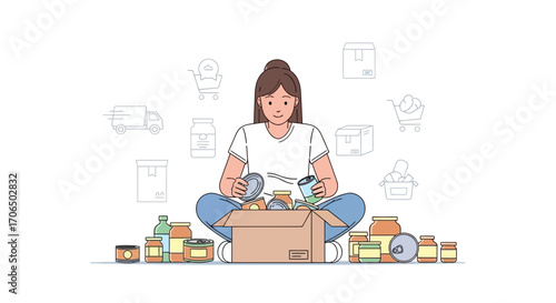 Woman Preparing Food Donations for Relief Distribution and Food Bank Support