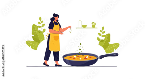 Woman Preparing Delicious Meal In Frying Pan With Kitchen Utensils, Flat Vector Illustration