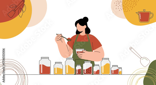 Woman Preparing Herbs and Spices For Preserving Or Cooking In A Clean Colorful Design