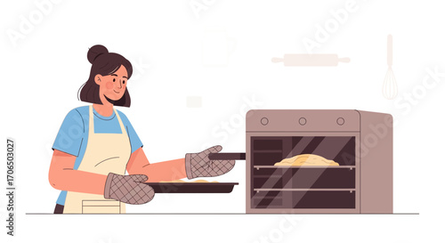 Woman Preparing Homemade Baked Goods in a Modern Kitchen Oven for Delicious Treats Production