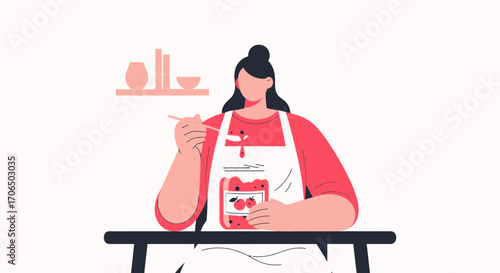 Woman Preparing Homemade Jam in Kitchen With Red Dress And White Apron