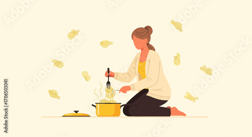 Woman Preparing Pasta Meal Sitting Enjoying Cooking Dinner Flat Illustration Isolated