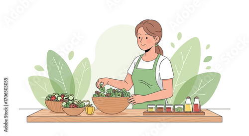 Woman Preparing Nutritious Salad In A Kitchen Setting With Fresh Ingredients And Healthy Food