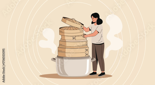 Woman Preparing Steamed Food: A Culinary Illustration Depicting Asian Food and Culture