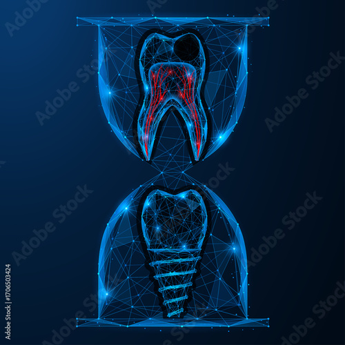 The hourglass of dentistry. The concept of the passage of time, tooth destruction and its replacement with a modern implant.