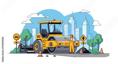 Vector illustration of road construction worker with asphalt roller machine in urban area, symbolizing infrastructure, city development, teamwork, and road maintenance