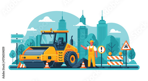 Vector illustration of road construction worker with asphalt roller machine in urban area, symbolizing infrastructure, city development, teamwork, and road maintenance