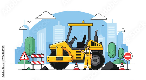 Vector illustration of road construction worker with asphalt roller machine in urban area, symbolizing infrastructure, city development, teamwork, and road maintenance
