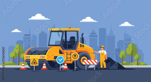 Vector illustration of road construction worker with asphalt roller machine in urban area, symbolizing infrastructure, city development, teamwork, and road maintenance