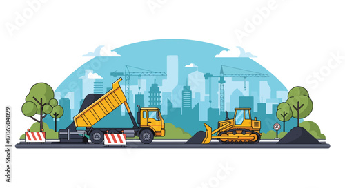 Vector illustration of road construction with dump truck and bulldozer working on asphalt paving, symbolizing urban development, infrastructure growth, transportation, and city maintenance