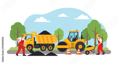 Vector illustration of road construction workers with dump truck and roller paving asphalt, symbolizing teamwork, infrastructure development, transportation, and city maintenance