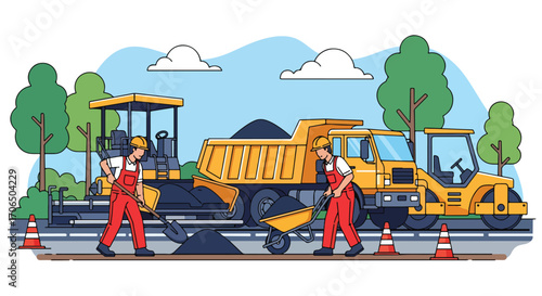 Vector illustration of road construction workers with dump truck and roller paving asphalt, symbolizing teamwork, infrastructure development, transportation, and city maintenance