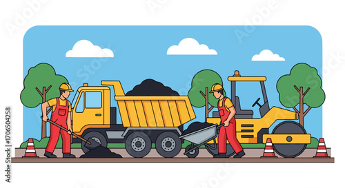 Vector illustration of road construction workers with dump truck and roller paving asphalt, symbolizing teamwork, infrastructure development, transportation, and city maintenance