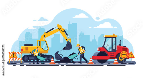 Vector illustration of road construction with workers, excavator, roller, and safety cones in urban setting, symbolizing infrastructure, development, teamwork, and city maintenance
