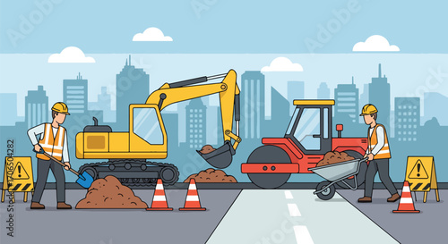 Vector illustration of road construction with workers, excavator, roller, and safety cones in urban setting, symbolizing infrastructure, development, teamwork, and city maintenance