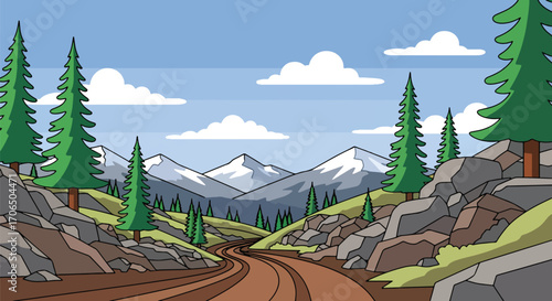 Vector illustration of scenic mountain trail winding through pine forest and rocky hills with snowy peaks in background, symbolizing adventure, hiking, travel, and outdoor exploration
