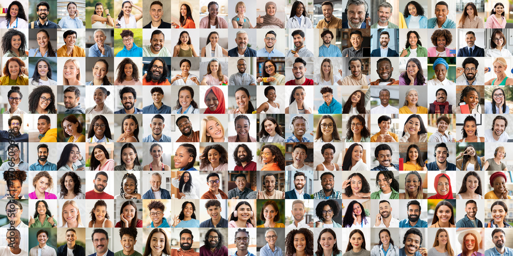 Fototapeta premium A vibrant collection of portraits showcases the joy and diversity among people. Multiracial individuals smile and engage, representing various backgrounds and lifestyles in a lively atmosphere.