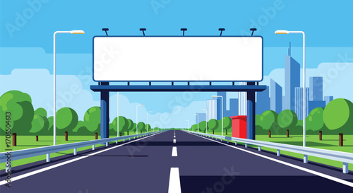 Vector illustration of empty highway billboard with city skyline in background, symbolizing urban advertising, marketing opportunities, road signage, and business promotion