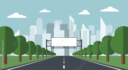 Vector illustration of empty highway billboard with city skyline in background, symbolizing urban advertising, marketing opportunities, road signage, and business promotion