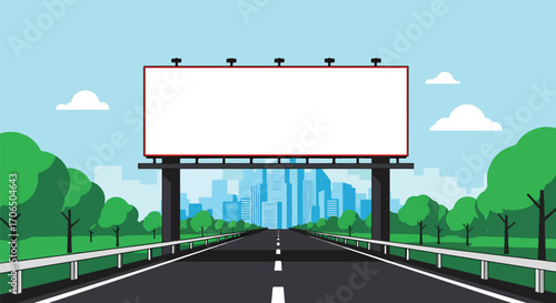 Vector illustration of empty highway billboard with city skyline in background, symbolizing urban advertising, marketing opportunities, road signage, and business promotion
